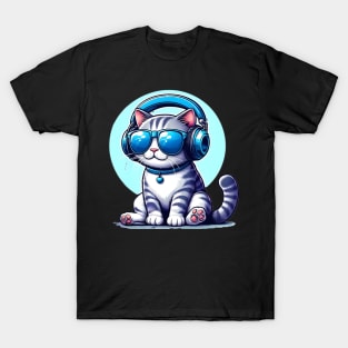 Cute cat wearing blue headphone and sunglass enjoying music T-Shirt